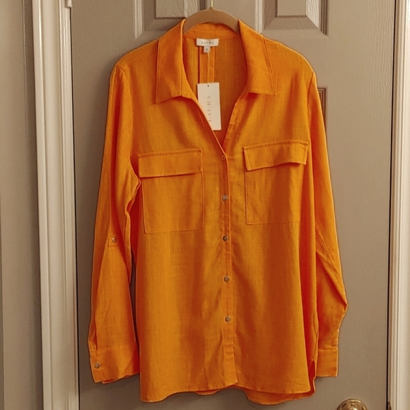 NWT Women's Laura Orange Button Down Shirt Viscose & Linen Blend Size 8 - Picture 1 of 11